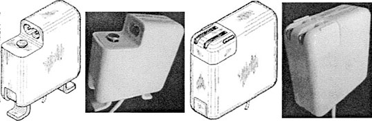 Apple patent drawings with photos of the infringing AC adapters