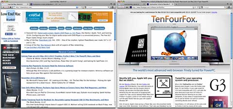 Low End Mac and TenFourFox home pages displayed in TenFourFox