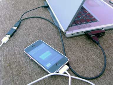 iPhone connected to USB 2.0 PC Card with USB Y-cable