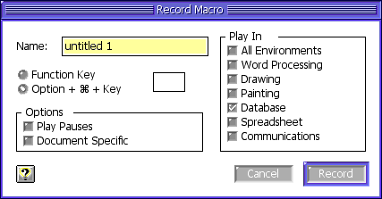 2. In the dialog box that appears, make sure you pick "Document Specific." Otherwise, your macro will only work on your particular copy of AppleWorks.