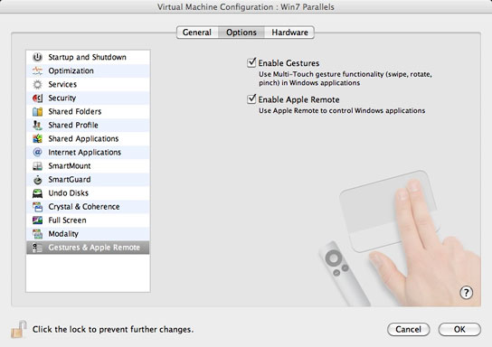 Configuring gestures and the Apple Remote in Parallels 5.0