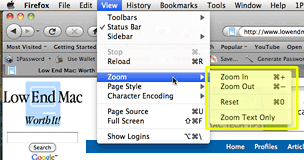 Zomming in Firefox means using a submenu