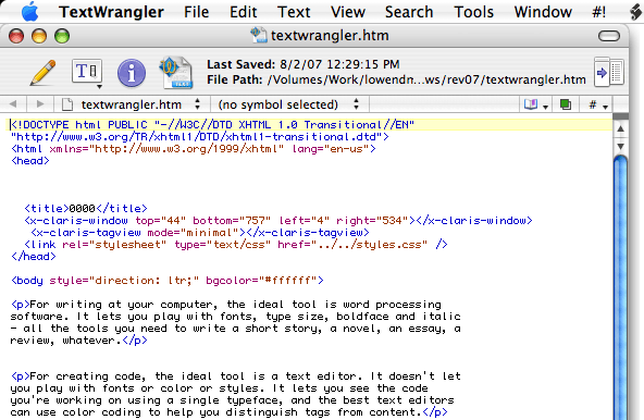 The HTML code from KompoZer as displayed in TextWrangler.