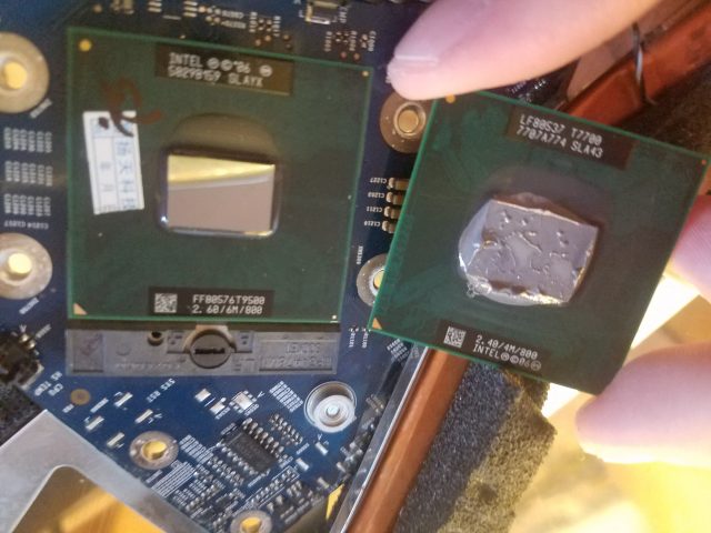 Left, and installed into socket P: T9500 Right: Original T7700 2.4 GHz CPU