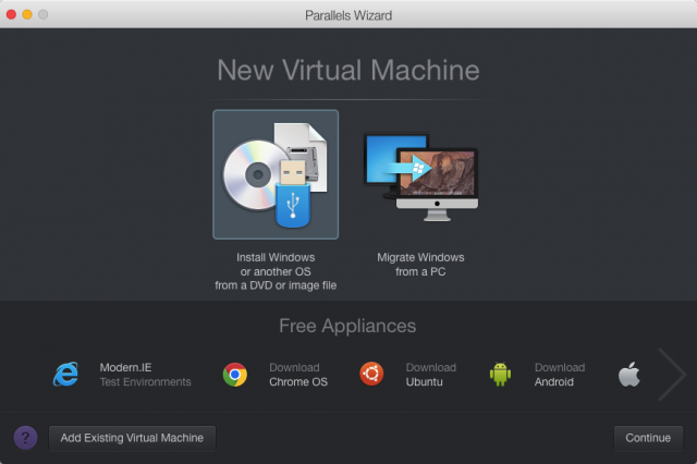 Creating a new virtual machine in Parallels Desktop 11