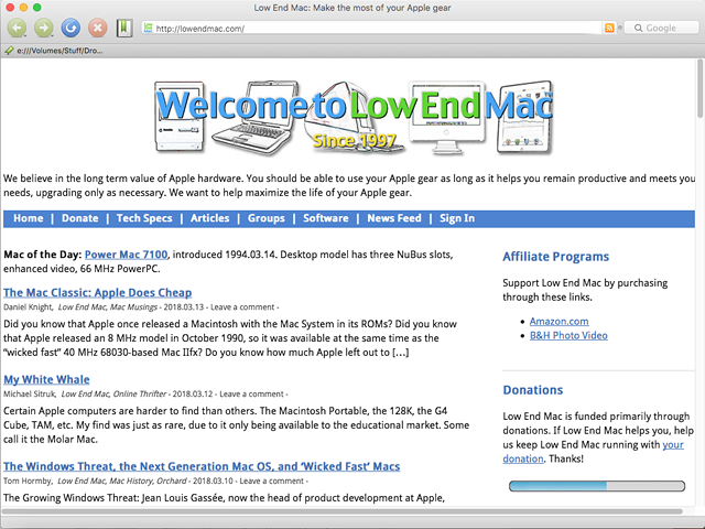 Low End Mac home page in Camino browser