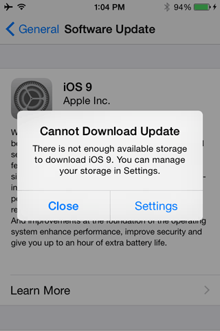Cannot download iOS 9 update