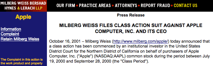  MILBERG WEISS FILES CLASS ACTION SUIT AGAINST APPLE COMPUTER, INC. AND ITS CEO 