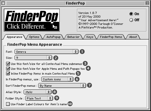 FinderPop control panel