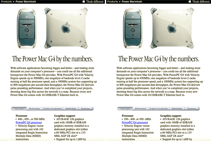 Apple's Power Mac G4 page before and after the speed change