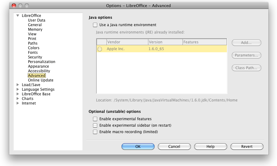 Advanced preferences in LibreOffice for Mac