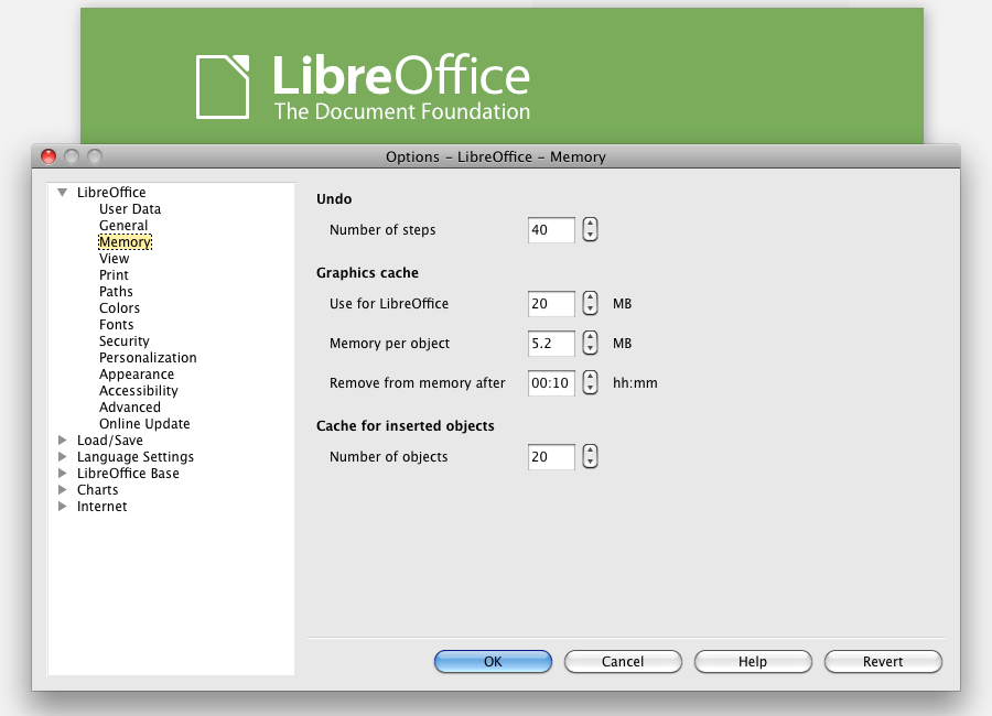 Memory in LibreOffice for Mac preferences