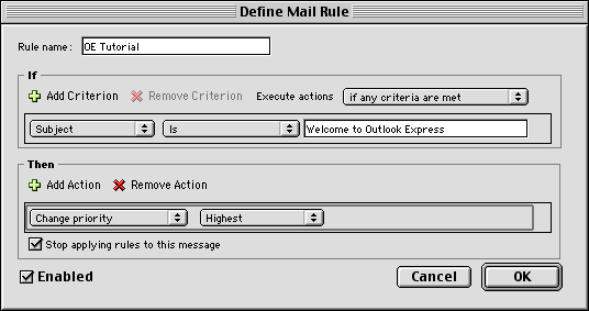 Mail Rules dialog in Outlook Express