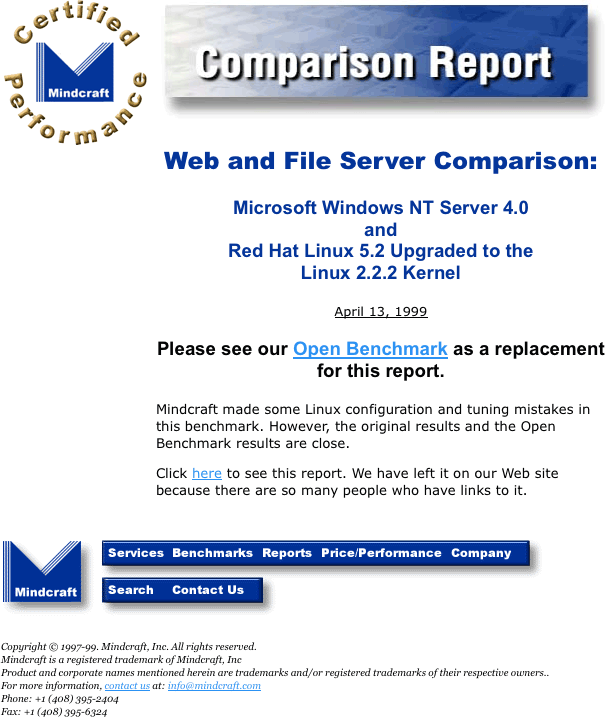 Mindcraft white paper: Windows NT vs. Linux