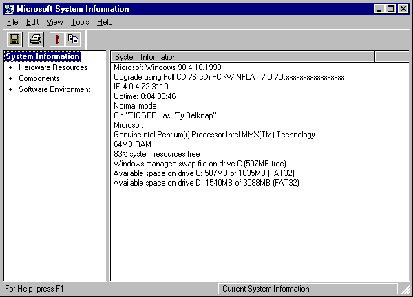 Microsoft System Info from Windows 98