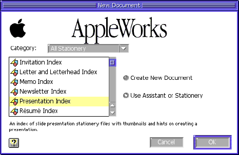 create a new document in AppleWorks