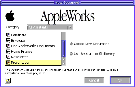 AppleWorks new document assistant