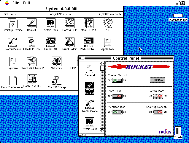 Radius Rocket in a System 6 Mac