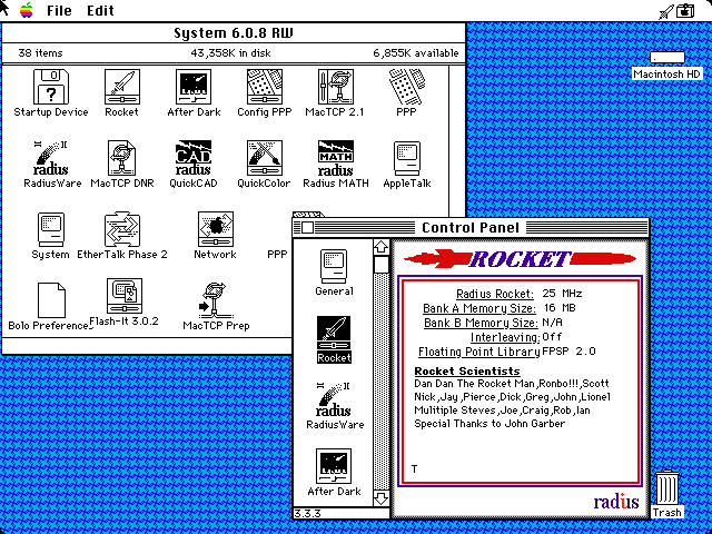Radius Rocket Control Panel in System 6 Mac