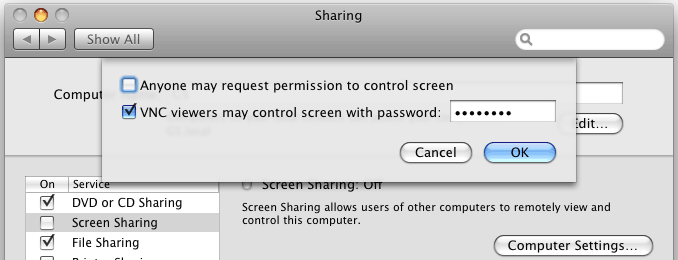 Screen Sharing settings