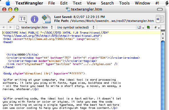 HTML code display by TextWrangler