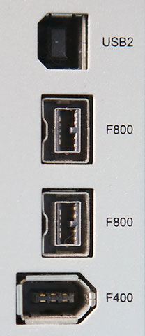 USB 2.0, FireWire 800, and FireWire 400 ports