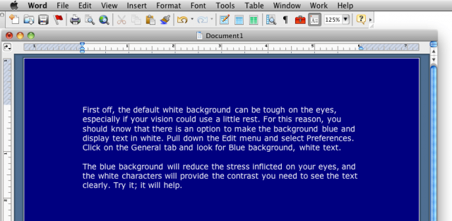 Microsoft Word 2004, blue background, white text