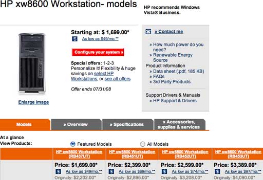 HP xw8600 workstation: $2,399