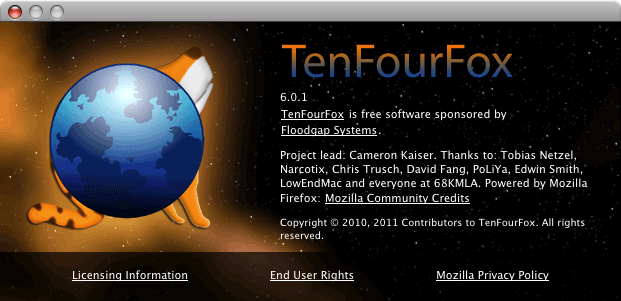 TenFourFox shows some love for Low End Mac in its 'About' screen