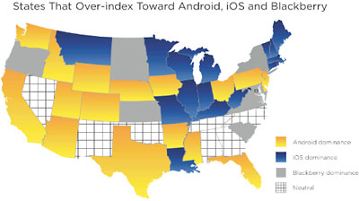 States tht over-index toward Android, iOS, and BlackBerry