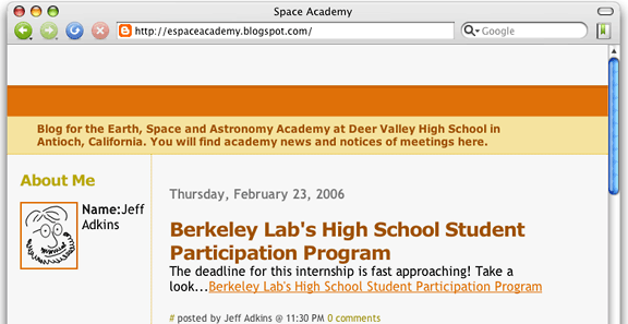 Space Academy blog without Blogger header