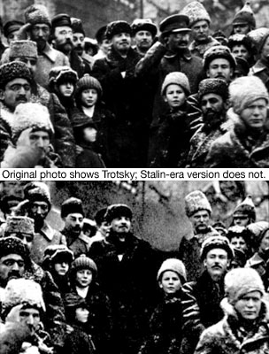 Original photo shows Trotsky; Stalin-era version does not.