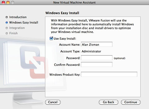 Setting up a new virtual machine using VMware Fusion 3.0