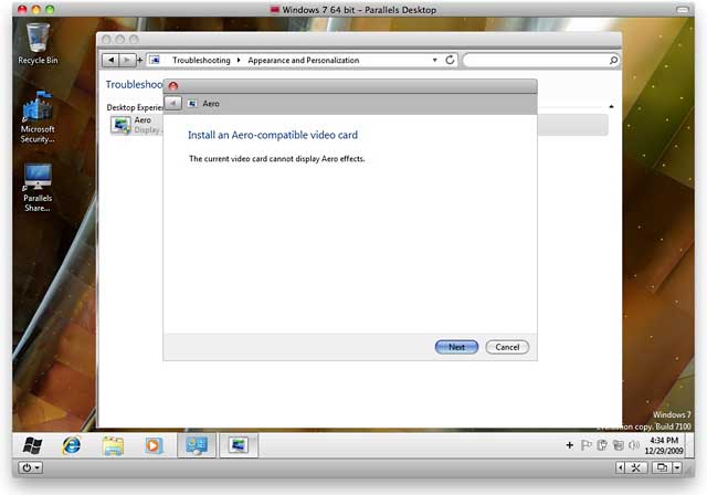 In Parallels 5.0, Windows 7 turned off Aero mode, claiming I no longer had a compatible video card.