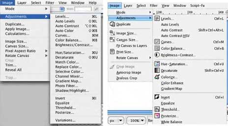 Photoshop and GimpShop Image menus
