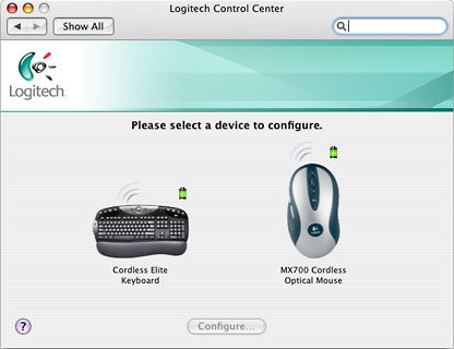 Logitech Control Centers shows any supported Logitech device