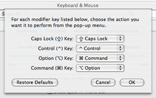 Swapping the Command and Option keys in the Keyboard & Mouse system preference