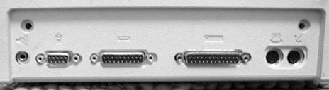 Sound, mouse, floppy, SCSI, printer, and modem ports on the Mac Plus