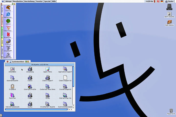 Mac OS 9 desktop with Aqua theme and DragThing