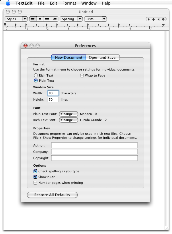 TextEdit preferences