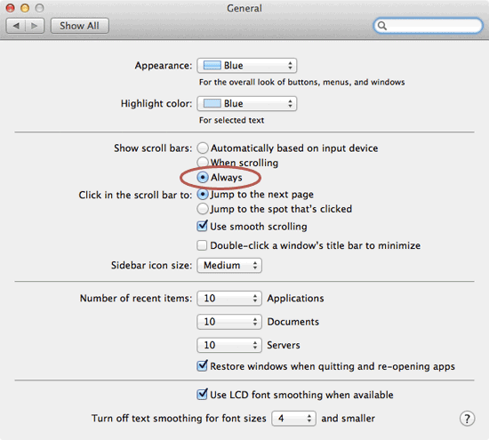 General system preference in OS X 10.7 Lion