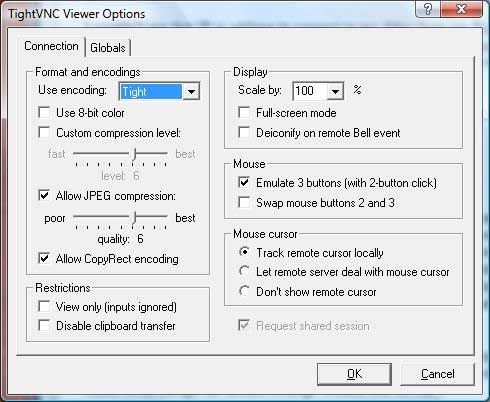 TightVNC Viewer Options